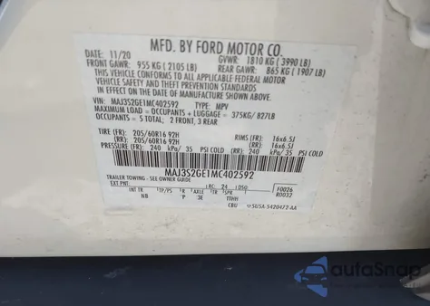 2021 Ford Ecosport Se из США, поврежденный, VIN MAJ3S2GE1MC402592